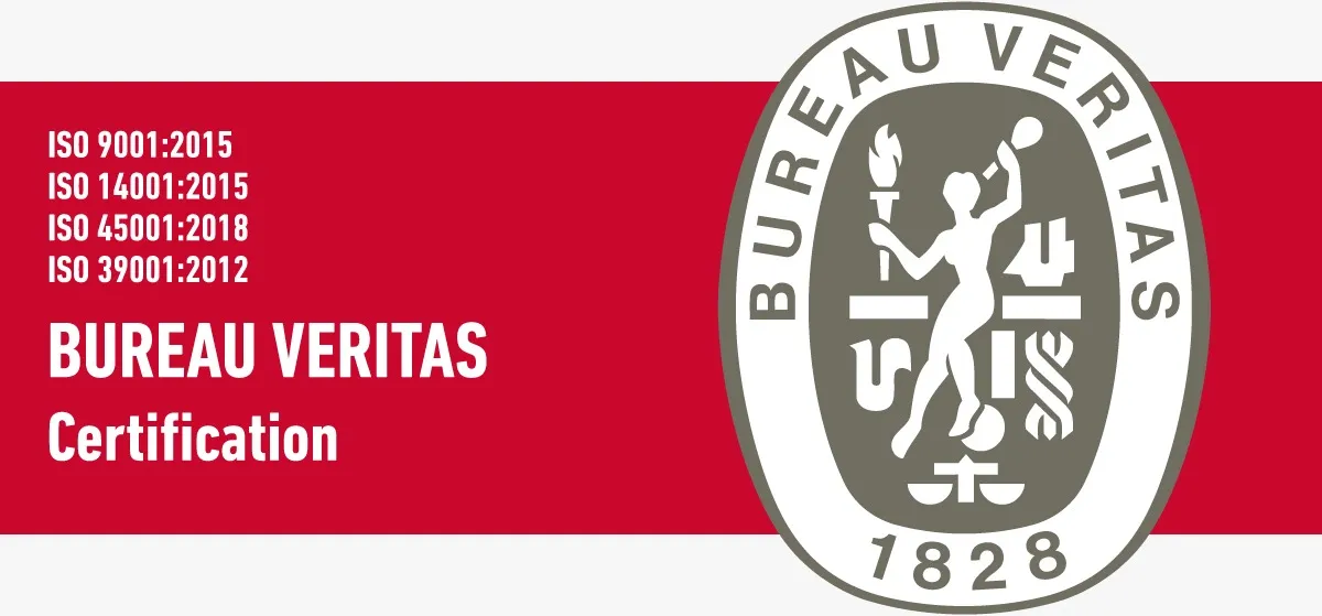 Marca de certificación Bureau Veritas Certification — Sistema de gestión certificado bajo ISO 9001:2015, ISO 14001:2015, ISO 45001:2018 e ISO 39001:2012